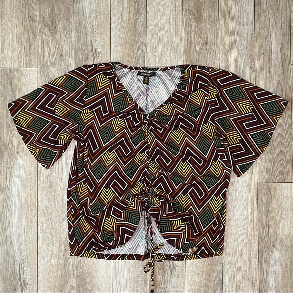 Goddess Ruched Drawstring Geometric Print Blouse